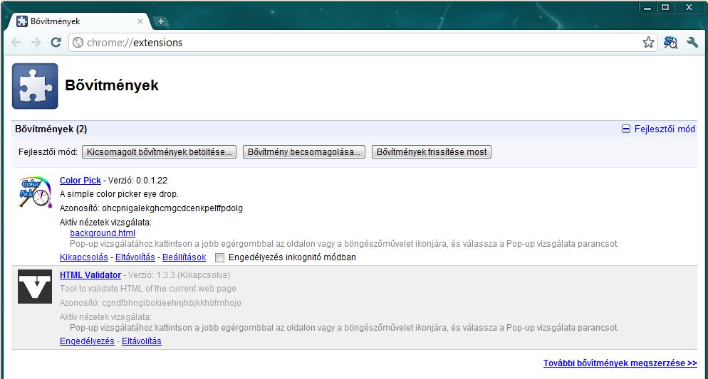 Chrome bővítmény kezelése