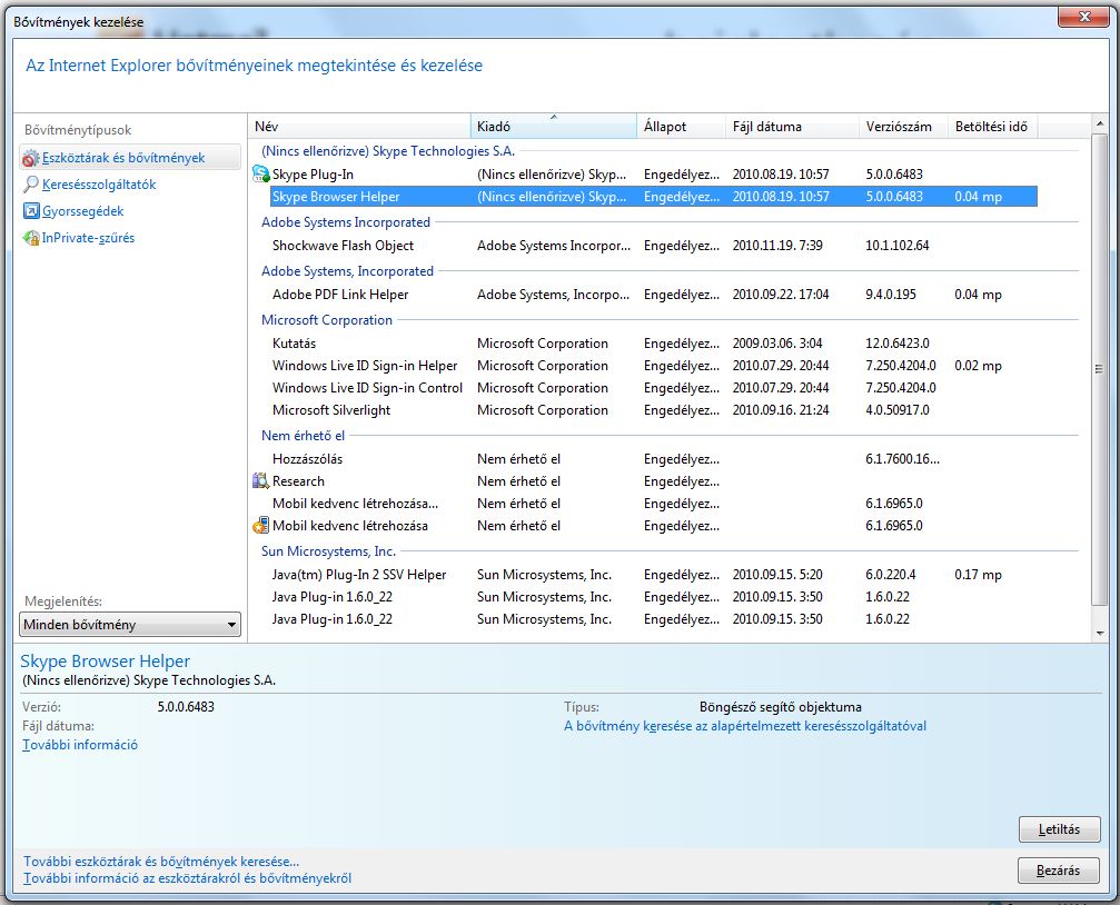 Internet Explorer bővítmény kezelése