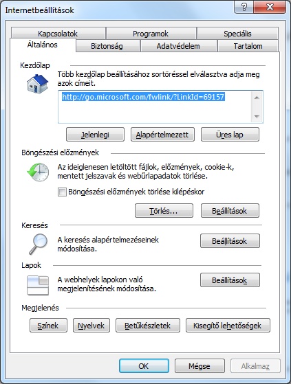 Internet Explorer internetbeállítások