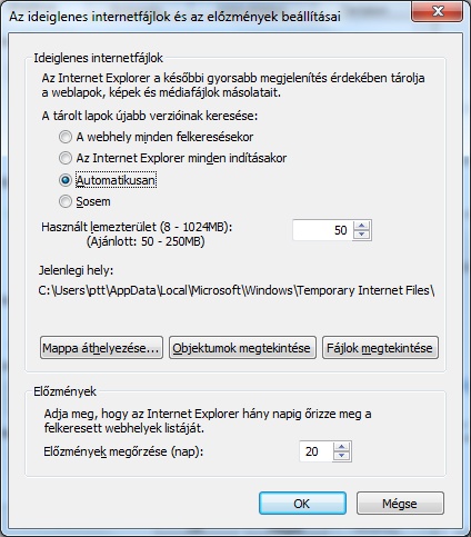 Internet Explorer ideiglenes internetfájlok beállítása